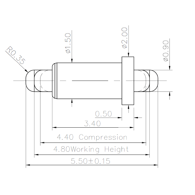 Technische Zeichnung Double-End Federkontakt SVXP-D-C245-01