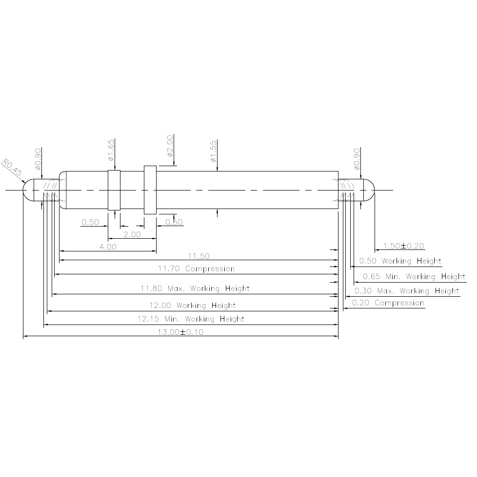 Technische Zeichnung Double-End Federkontakt SVXP-D-NC309-01PA