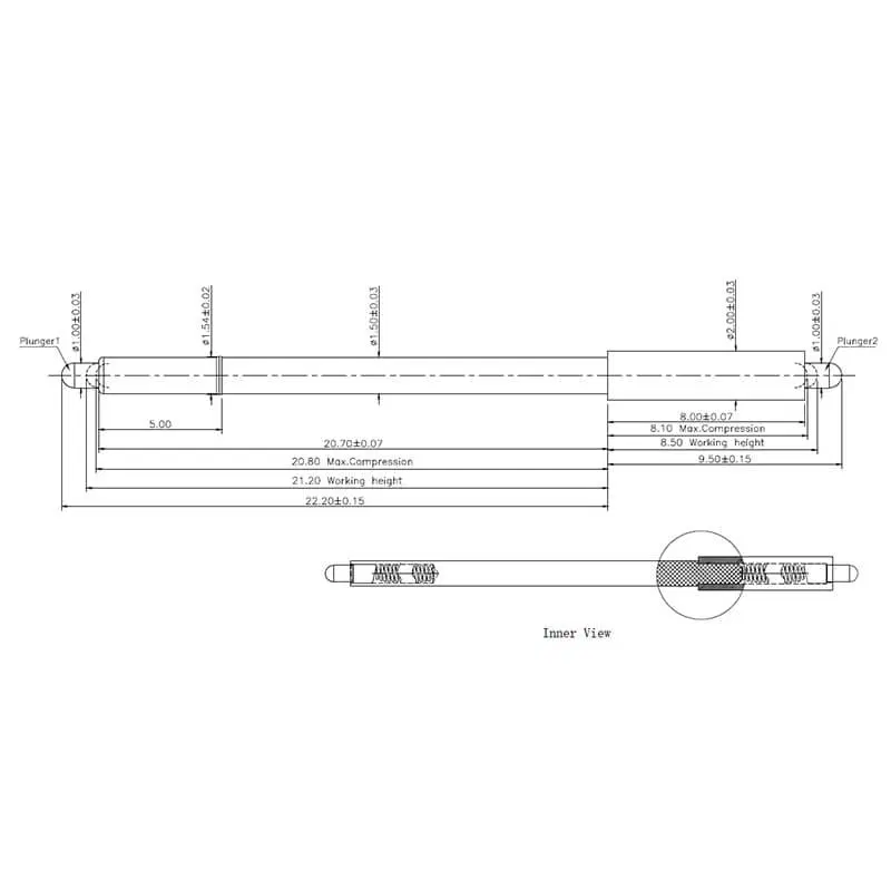 Technische Zeichnung Double-End Federkontakt SVXP-D-NC3880-01PA