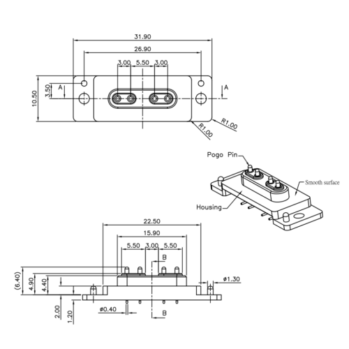 Technische Zeichnung des Federkontakt-Konnektors SVPC-B-N153M1-04DHR mit Abmessungen