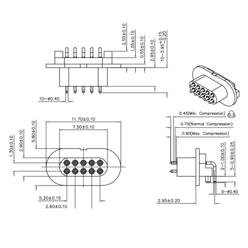 Technische Zeichnung des Federkontakt-Konnektors SVPC-B-P08064MS1-10AHR mit Abmessungen
