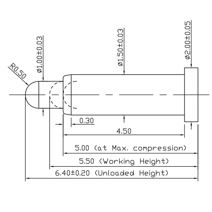 Technische Zeichnung des Flat-Type-Federkontakts SVPC-F-H042M0 mit Abmessungen