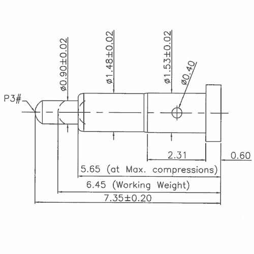 Technische Zeichnung des Flat-Type-Federkontakts SVPC-F-H165M0 mit Abmessungen