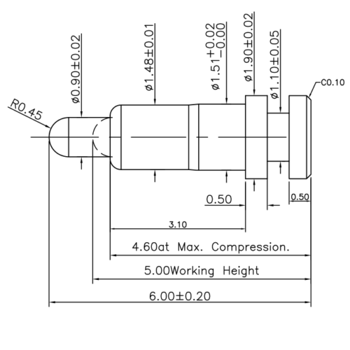 Technische Zeichnung des Flat-Type-Federkontakts SVPC-F-H223M4 mit Abmessungen