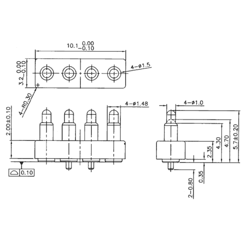 Technische Zeichnung des Federkontakt-Konnektors SVPC-F-H229M0-H04CMR mit Abmessungen