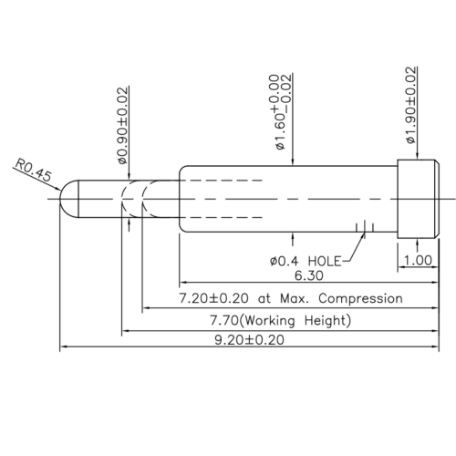 Technische Zeichnung des Flat-Type-Federkontakts SVPC-F-N010M1 mit Abmessungen