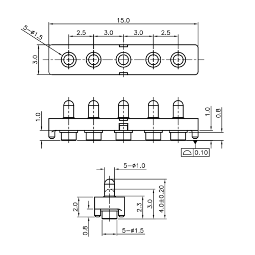 Technische Zeichnung des Federkontakt-Konnektors SVPC-F-N050M2-05AMR mit Abmessungen
