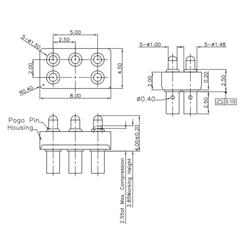 Technische Zeichnung des Federkontakt-Konnektors SVPC-P-H166M0-05BHR mit Abmessungen