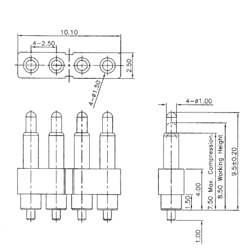 Technische Zeichnung des Federkontakt-Konnektors SVPC-P-H336M0-04BMR mit Abmessungen