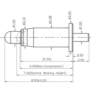 Technische Zeichnung des THT-Federkontakts SVPC-P-P07238PH1 mit Abmessungen