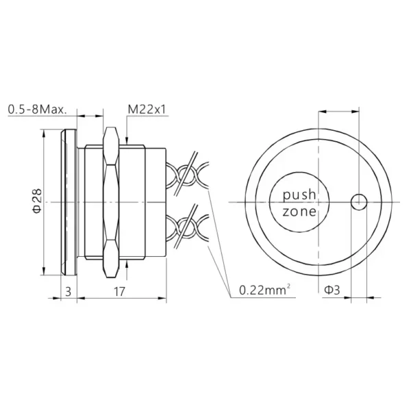 22mm Piezotaster, konkav mit Punkt LED