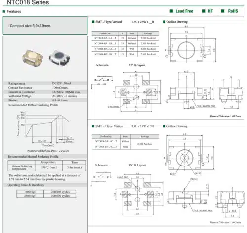 Datenblatt Mikrotaster Tact Switch NTC018