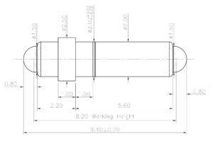 Technische Zeichnung des Double-Ended-Federkontakts SVXP-D-C839-01 mit Abmessungen