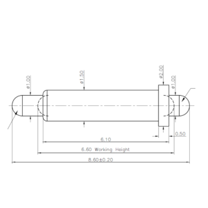 Technische Zeichnung des Double-Ended-Federkontakts SVXP-D-C1060-01 mit Abmessungen
