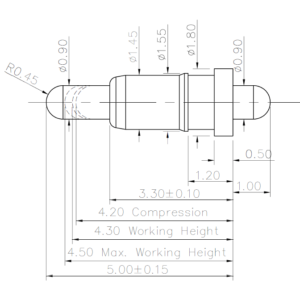 Technische Zeichnung des Double-Ended-Federkontakts SVXP-D-C411-01 mit Abmessungen