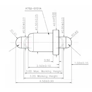 Double-Ended Federkontakt SVXP-D-C752-01 Technische Zeichnung des Double-Ended-Federkontakts SVXP-D-C752-01 mit Abmessungen