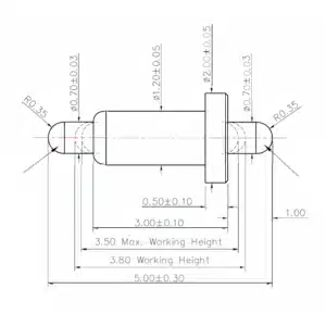 Technische Zeichnung des Double-Ended-Federkontakts SVXP-D-C756-01 mit Abmessungen