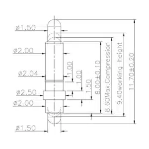 Technische Zeichnung des Double-Ended-Federkontakts SVXP-D-NC3838-01PA mit Abmessungen