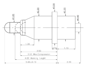Technische Zeichnung des THT-Federkontakts SVXP-P-NC5125-01PA mit Abmessungen