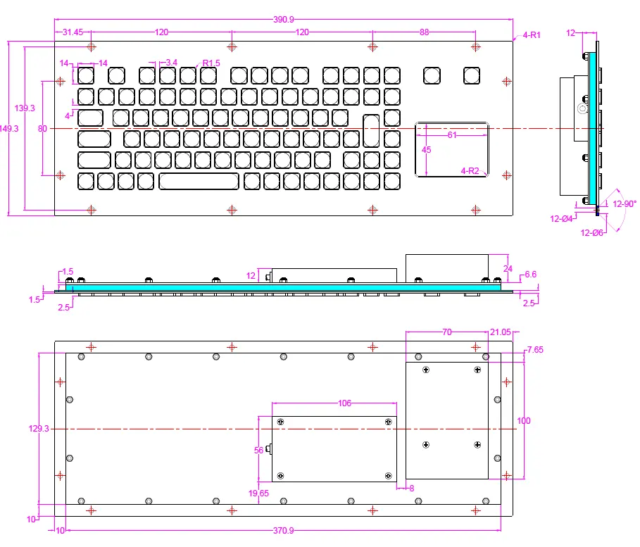 Technische Maßzeichnung der Spezialtastatur NHKT-M390TP mit Touchpad und Edelstahlfront, Abmessungen 390,9 × 149,3 mm