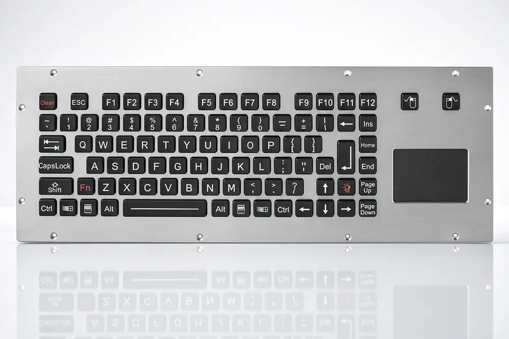 Robuste Spezialtastatur NHKT-M390TP mit gebürsteter Edelstahlfront, schwarzen Tasten und integriertem Touchpad