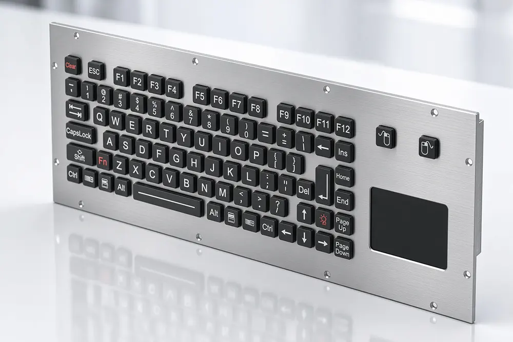 Spezialtastatur NHKT-M390TP in Perspektivansicht mit Edelstahlfront, robusten Polymertasten und integriertem Touchpad
